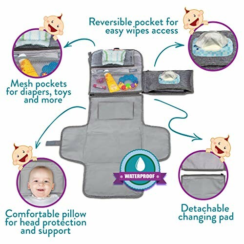 Baby changing pad with detachable waterproof mat, mesh pockets, and reversible wipes pocket.