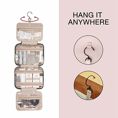 Beige hanging travel toiletry bag with multiple compartments and hook.