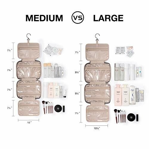 Comparison of medium and large hanging toiletry bags with products.