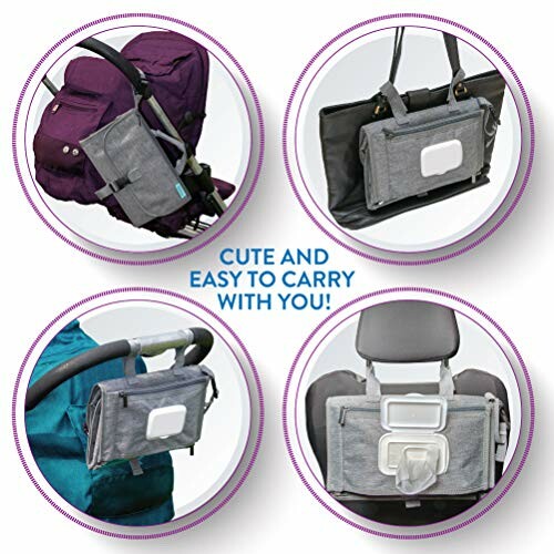 Portable diaper changing pad attached to stroller, bag, and car seat.