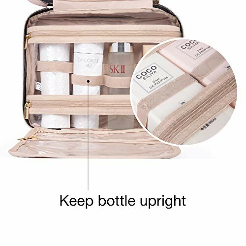 Open toiletry bag with bottles secured upright inside.